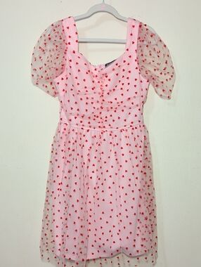 Trixxi Girl Short Sleeve Mesh Heart Flocked Dress Pink Red Puff Sleeves Size 12
